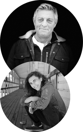 Image of Warwick Dunnett and his late son, Harrison in grayscale.