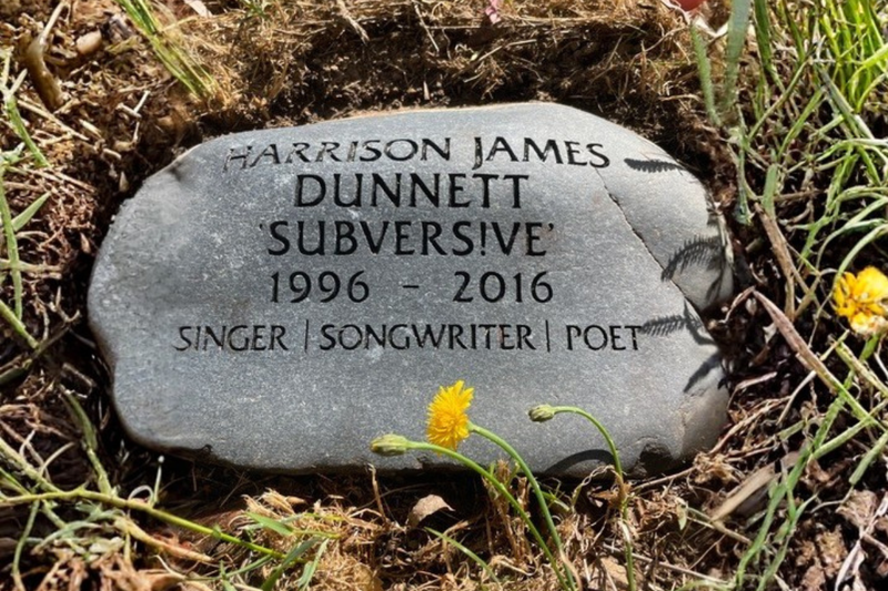 A memorial stone for Harrison James Dunnett, known as Subversive, 1996–2016 – singer, songwriter, and poet, lovingly remembered in Dance with Angels.