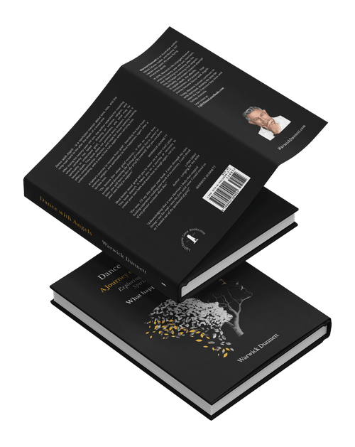 Two black books stacked. This book is the Dance with Angels Special Edition signed by author, Warwick Dunnett for everyone going through loss, grief, recovery, and healing.