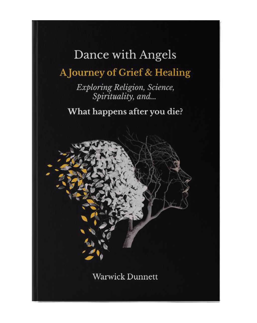 Book cover of 'Dance with Angels: A Journey of Grief & Healing' by Warwick Dunnett on a black background. This is the special edition version signed by author.