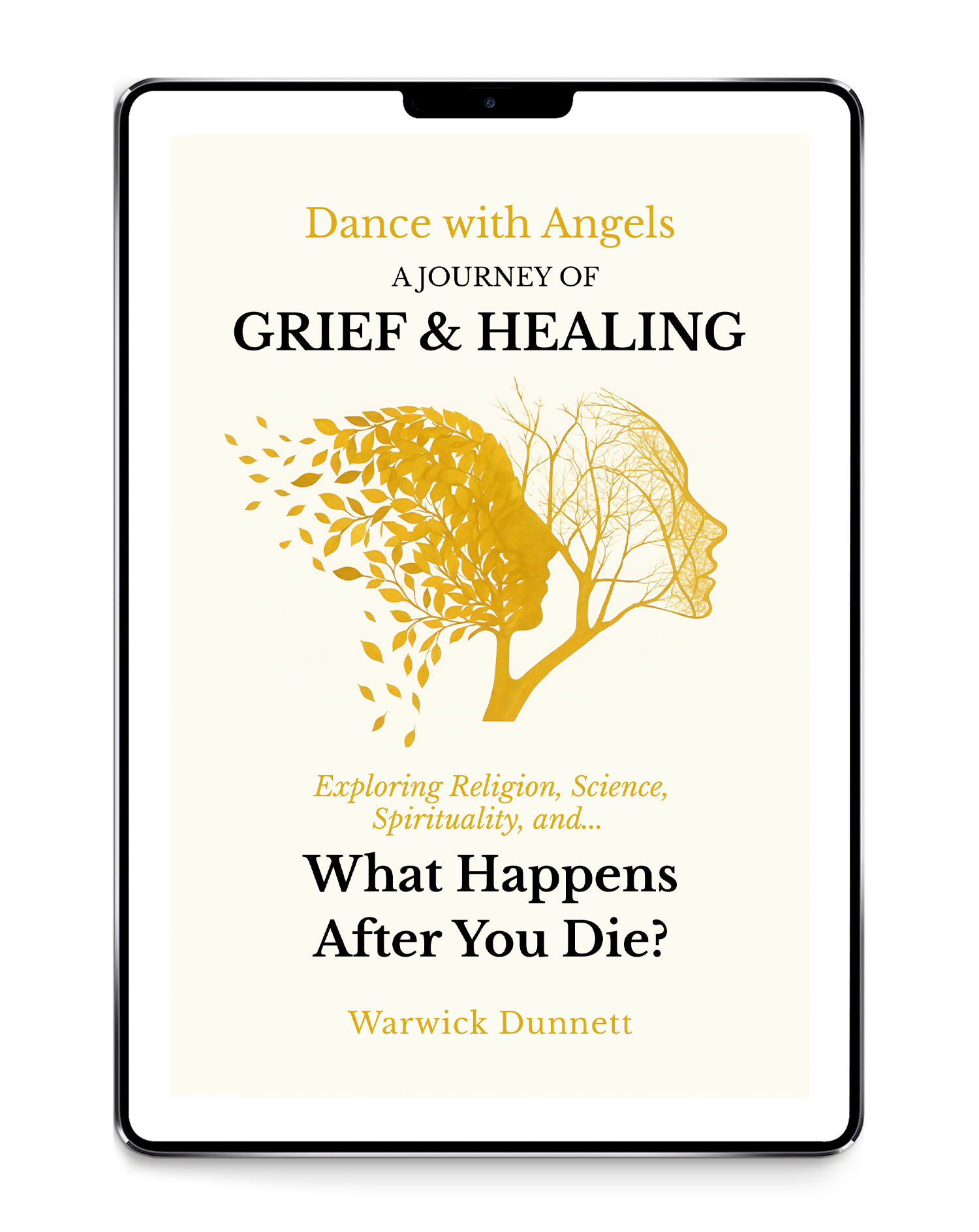 Book cover of 'Dance with Angels: A Journey of Grief & Healing' by Warwick Dunnett on a white cream background.