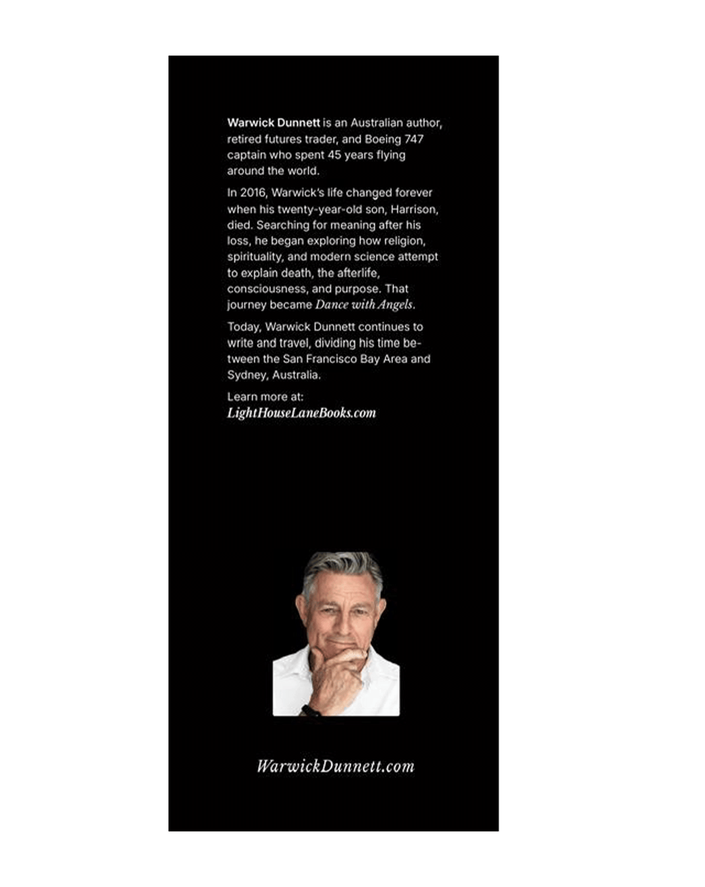 Book cover with a photo of Warwick Dunnett, author of Dance with Angels, in the bottom and text on a black background.